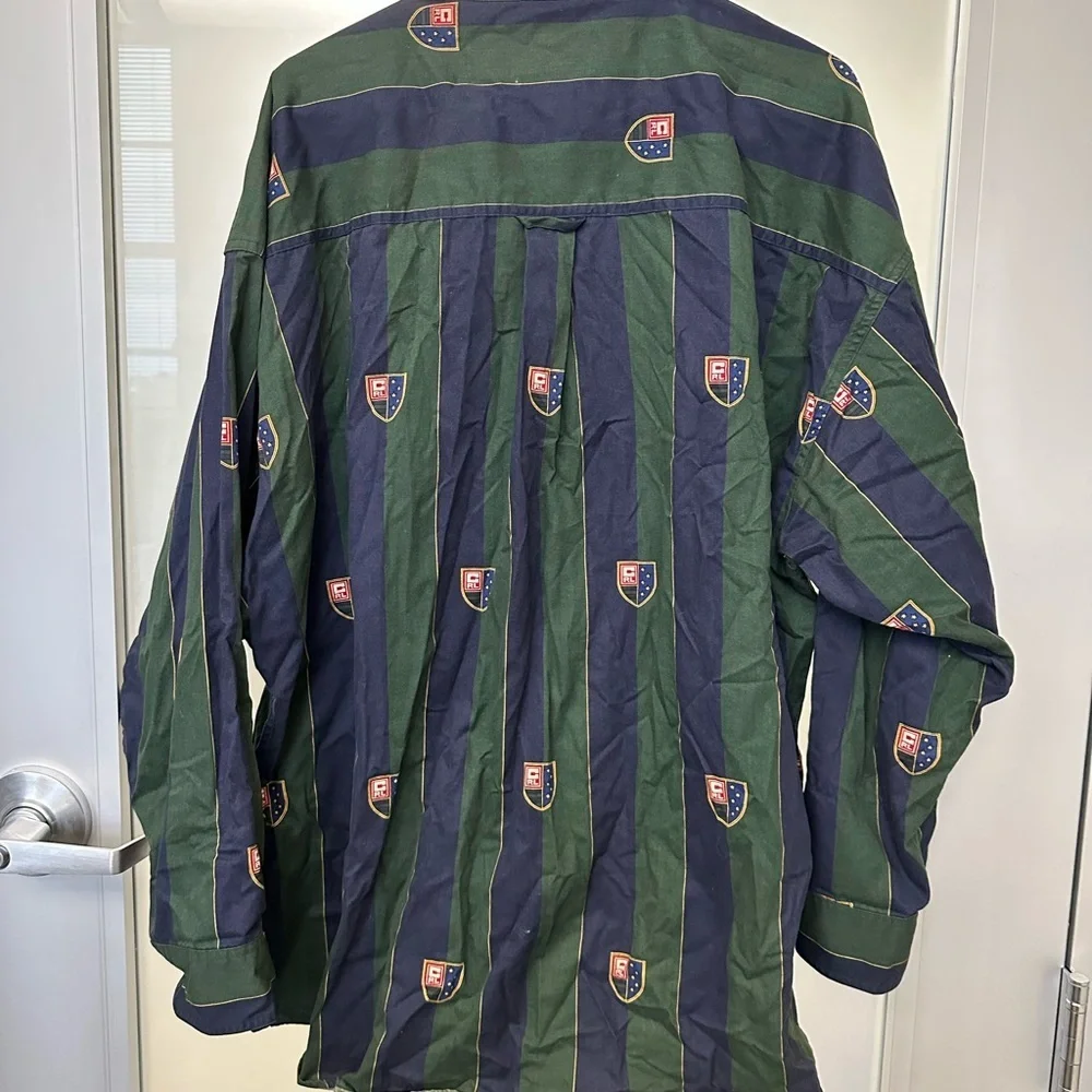 CHAPS RALPH LAUREN 90s Button-down Shirt XXL Green Navy Striped Emblem Logo - Picture 6 of 6